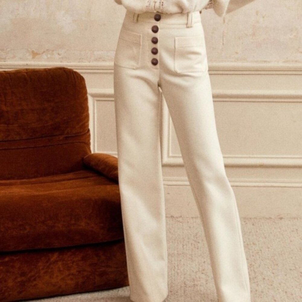 NWT Sezane Chuck Trouser in Ecru High Rise Wool Blend Pants 38 / 6
